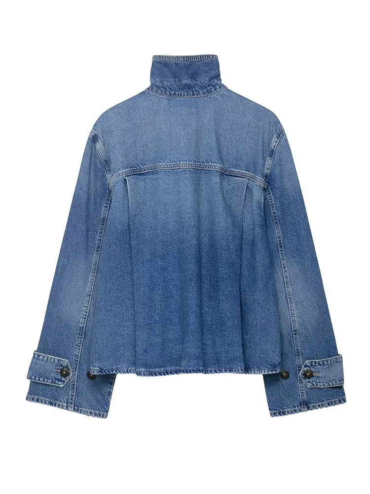 HH Women Spring New Fashion Versatile High Collar Loose Denim Jacket Female High Street Casual Single Breasted Long Sleeve Coat