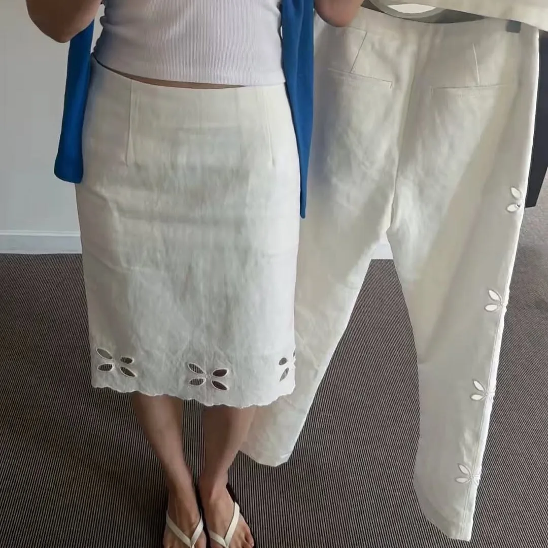Korean Style  Breath Half Skirt Embroidered Hollow out Design High Waist Straight Cut Breathable Commuter Midi Skirt