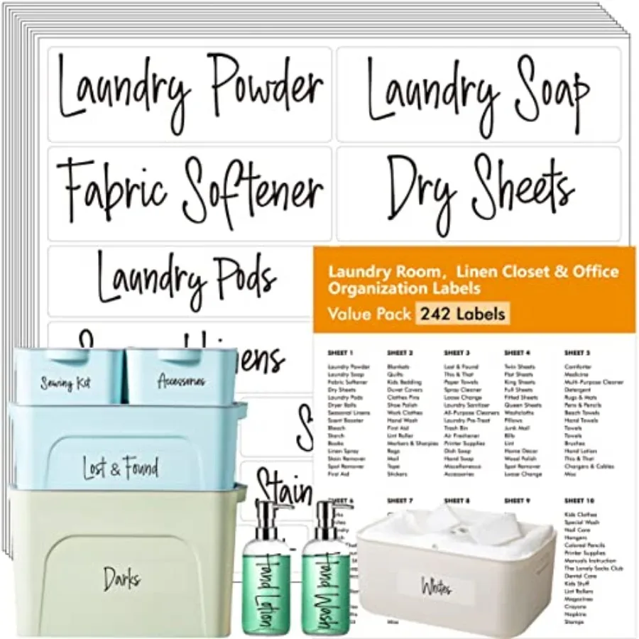 242 pcs Laundry Room, Linen Closet and Office Labels, 220 Pre-Printed Waterproof OilandTear Resistant Removable Stickers, 22 Bl