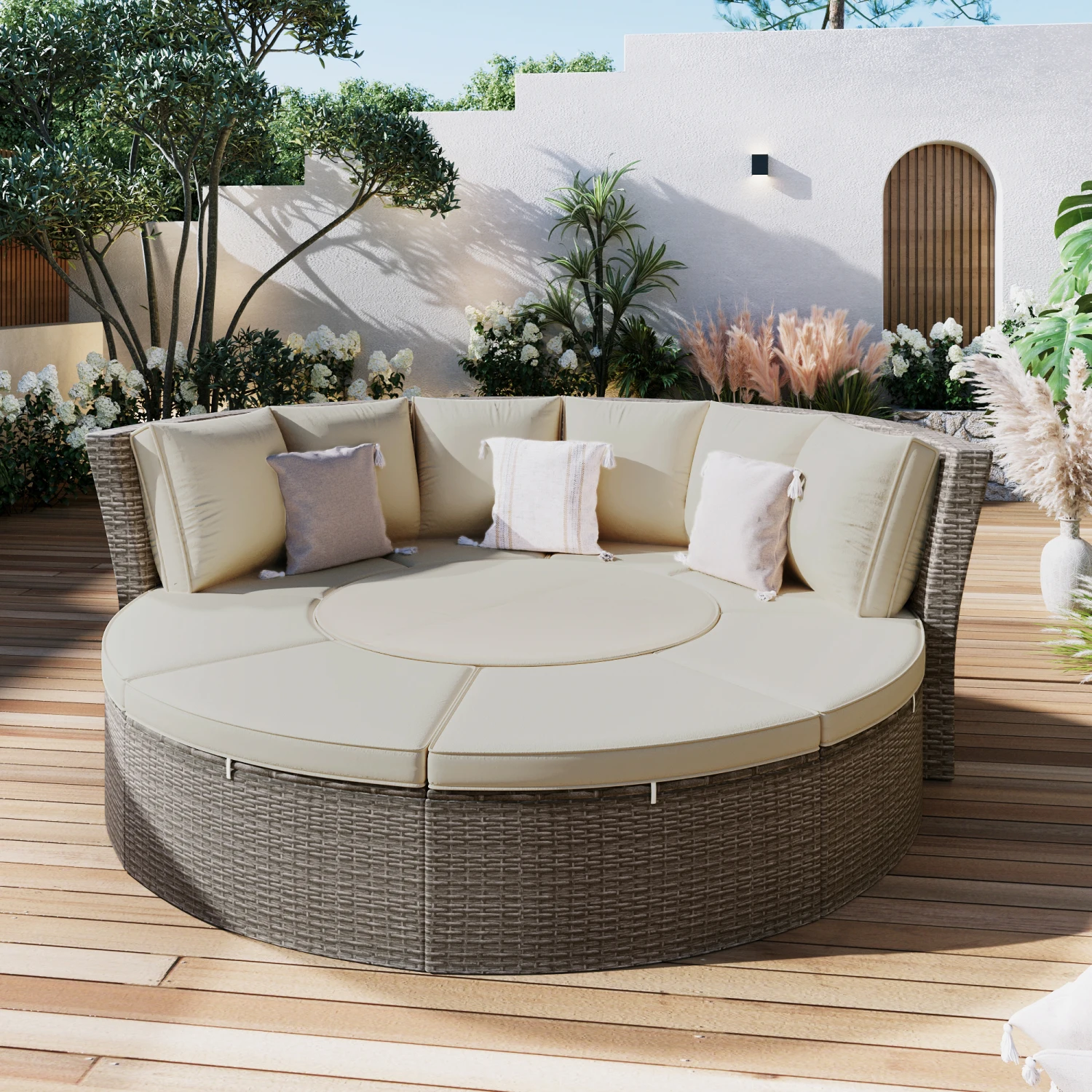 

TOPMAX Patio 5-Piece Round Rattan Sectional Sofa Set - All-Weather PE Wicker Sunbed Daybed with Round Liftable Table and Washabl