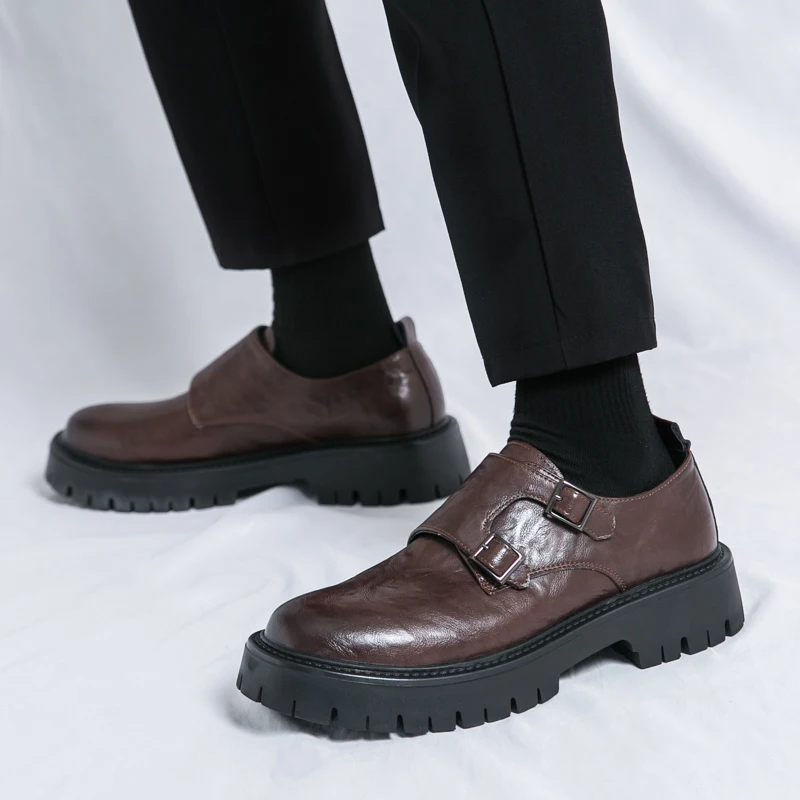 STRONGSHEN Men Leather Shoes Designer Casual Business Dress Oxfords Platform Loafers Slip-on Moccasins Thick Sole Wedding Shoes