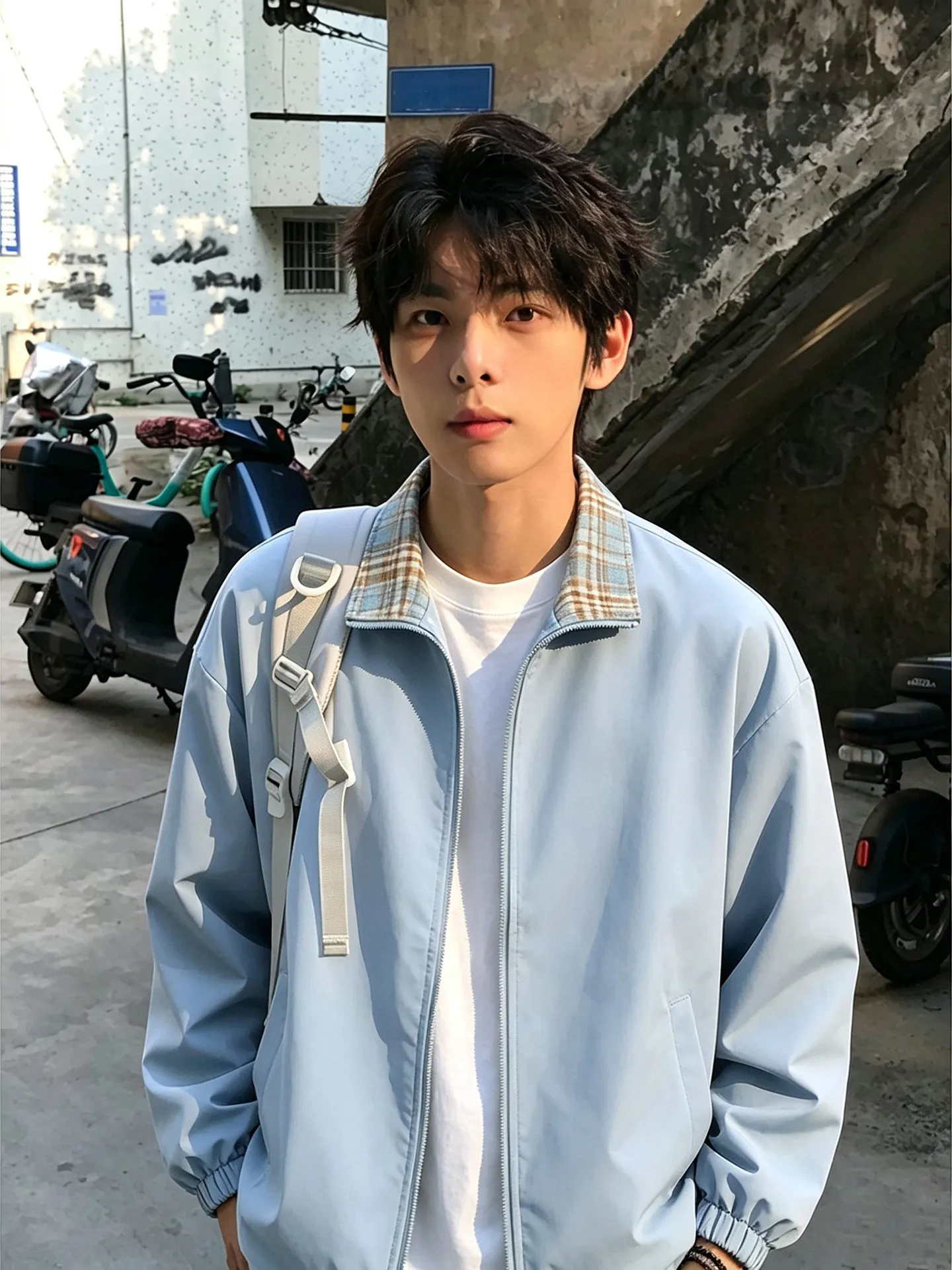 Light Blue Contrast Color Plaid Men's Jacket Autumn American Retro Flight Jacket Couple's Stand Collar Baseball Uniform