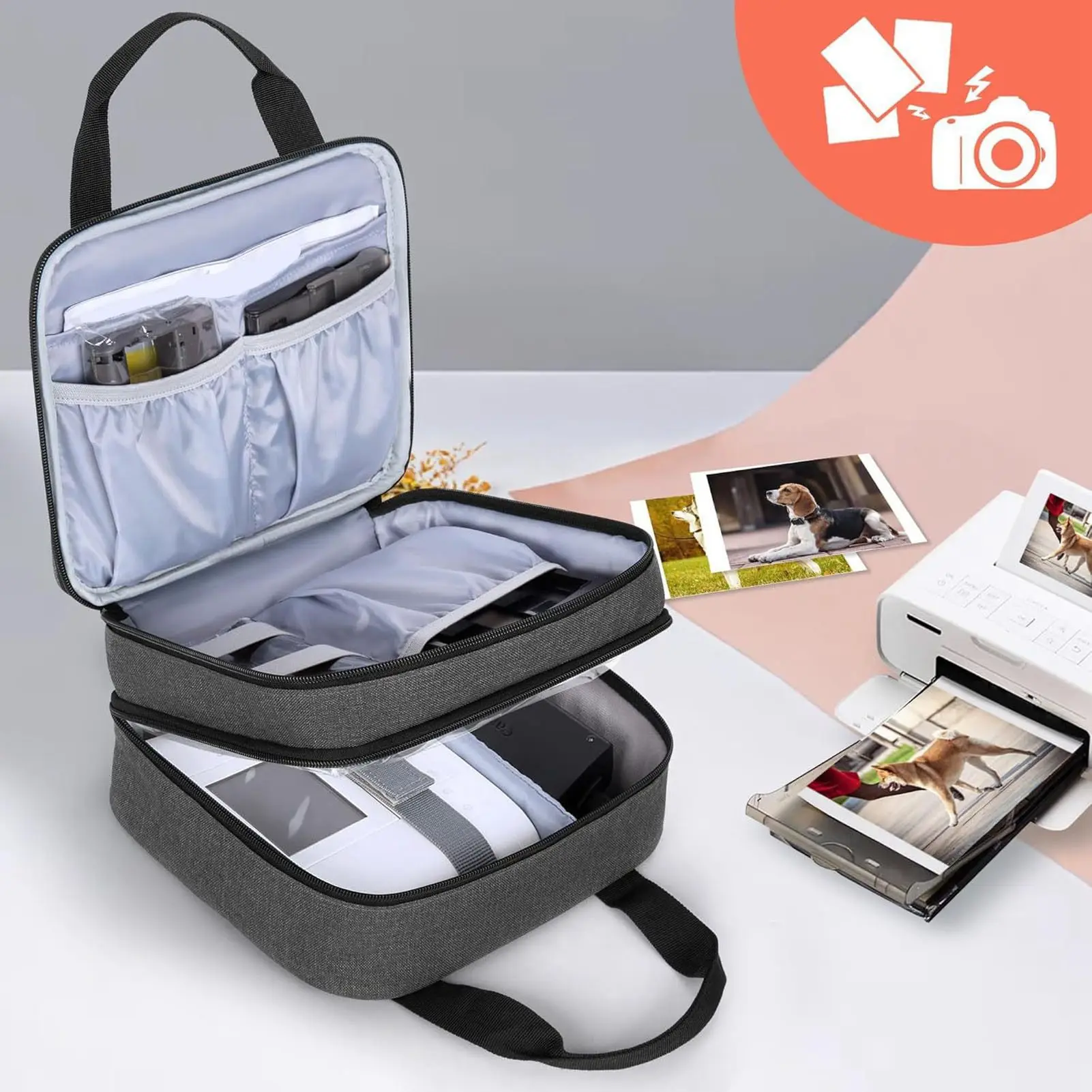 Fotodrucker-Tasche, elastisches Band, Polyester, stabile Griffe, tragbare Fotodrucker-Tragetasche, abnehmbarer Trennwand für Reisen