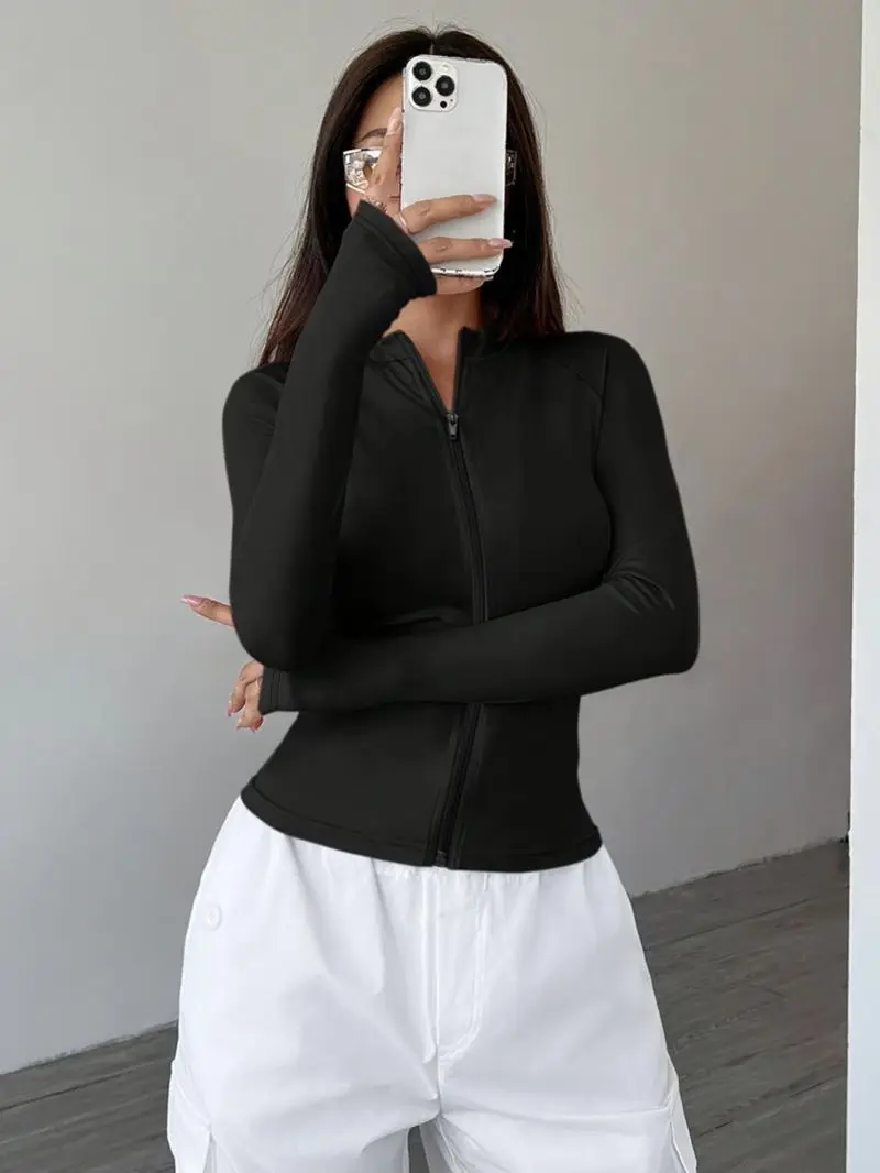 Versatile Sports Style Top for Women Short Cardigan Long Sleeved Stand up Collar Shoulder Sleeves Tight Fitting Waist Cinching