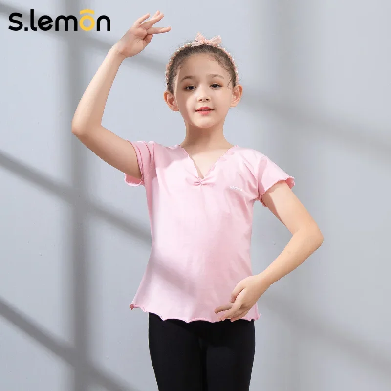 

S.lemon, тренировочный топ для балета и гимнастики для маленьких девочек, футболка с рюшами и короткими рукавами, китайская танцевальная фигурка