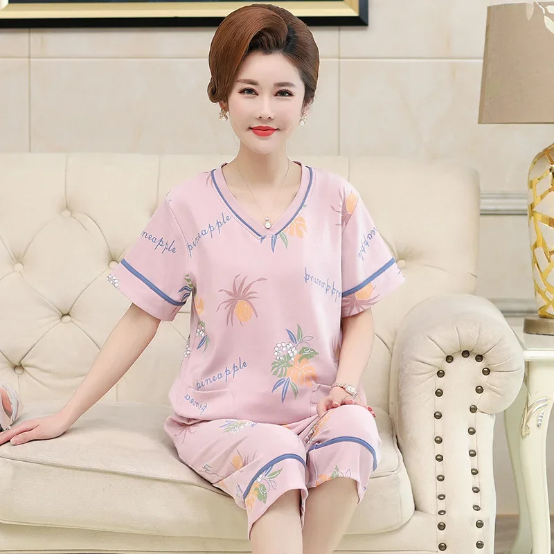 Can Be Worn Outside Pajamas Women\'s Summer Cotton Short-sleeved Cropped Pants Loose Plus Size Home Clothes Set