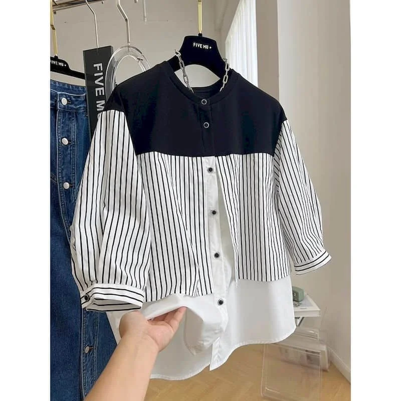 Shirts for Women O-neck Korean Fashion Oversized Blouse Striped Patchwork Fake Two Pieces Long Sleeved Casual Loose Women Tops