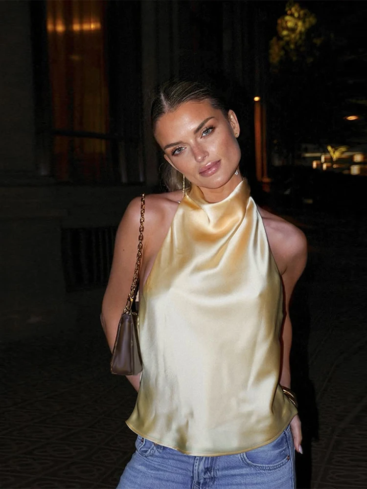 

Women Halter Top Solid Satin Backless Slip Tank Top Casual Office Ladies Off Shoulder Evening Party Vest Fashion Silk textured n