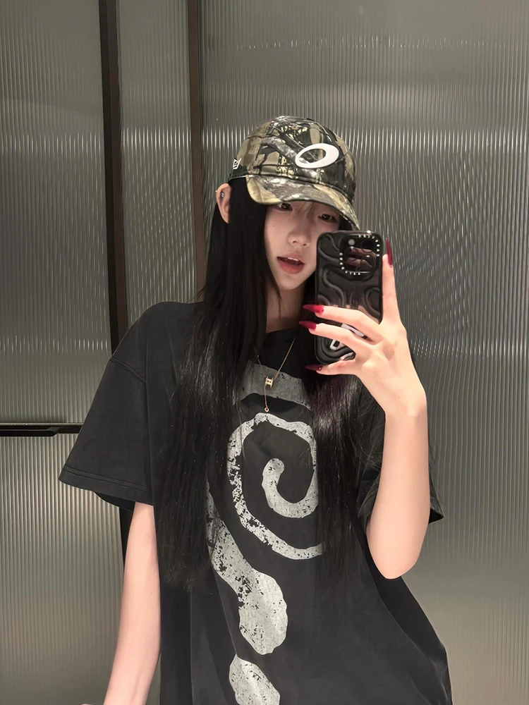 Retro American Miey Stampa ort Sve T-shirt Donna Estate New Sle Vintage Trendy Puro cotone rotondo Ne Allentato Coppia Top