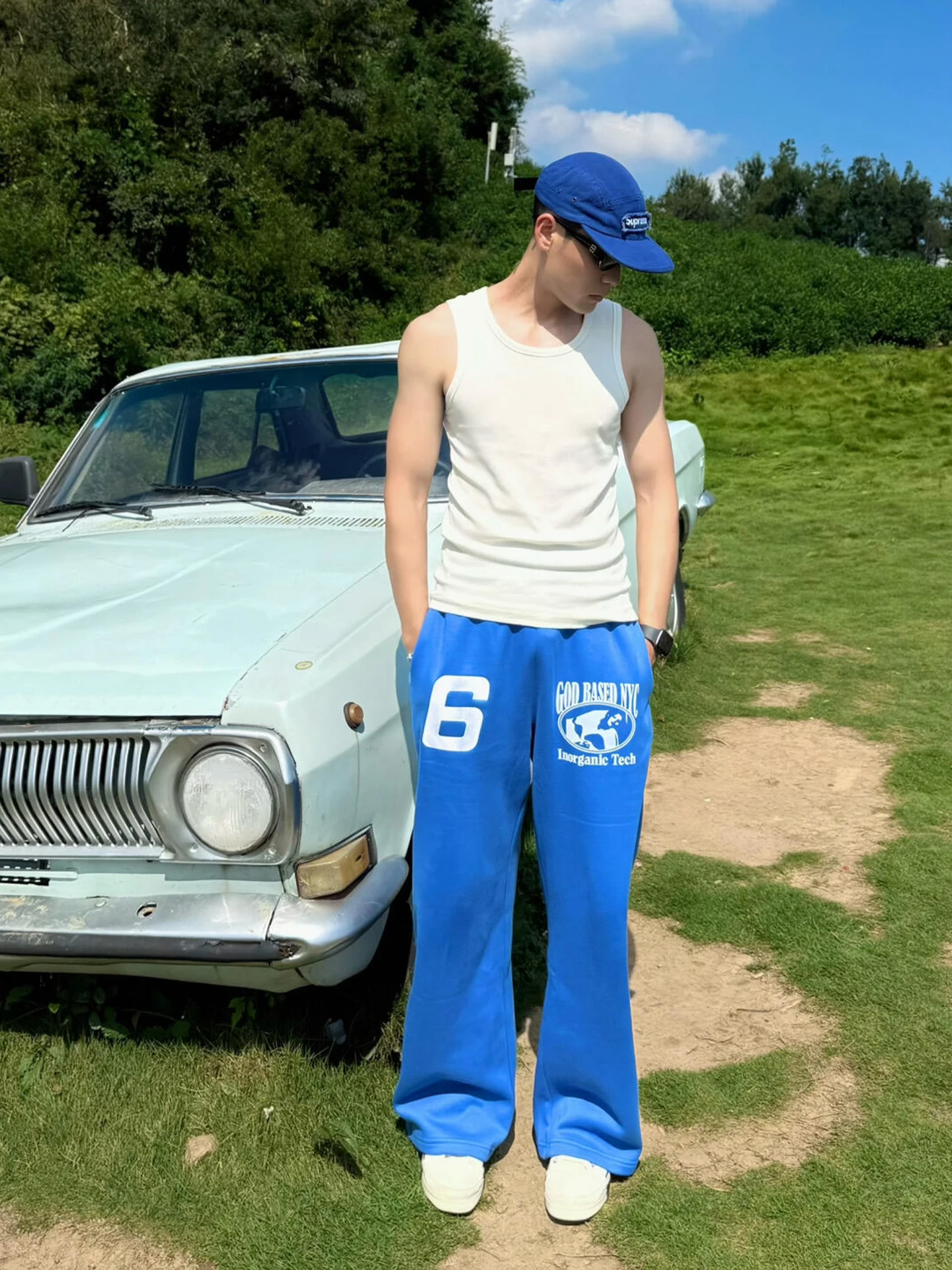

American Embroidered Fce Wide Leg Casual Pants Men Women Blue Sports Long Pants Lazy Versatile Fitn Sweatpants