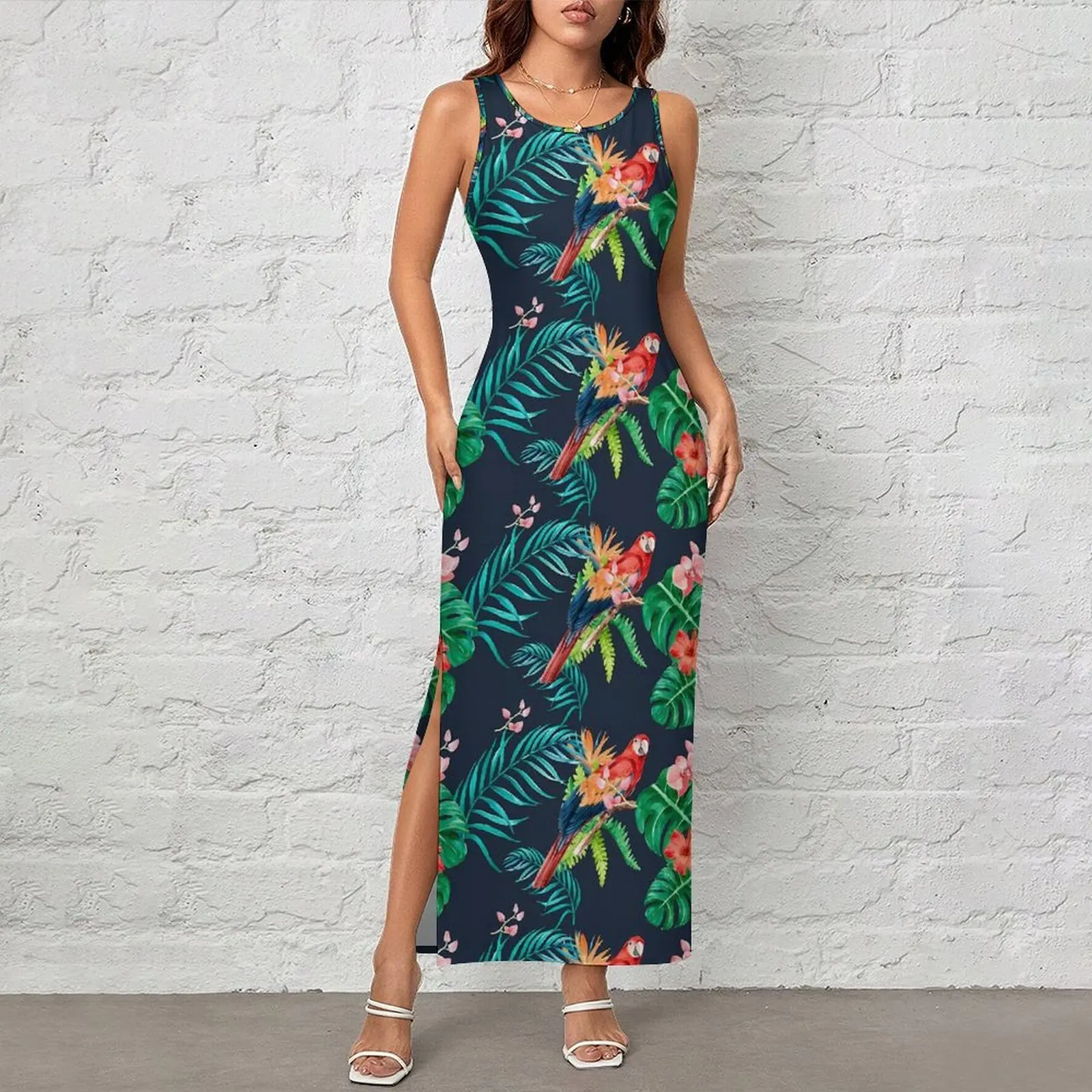 Women Tropical Floral Hibiscus Dress Jungle Parrot Street Fashion Bodycon Dress Spring Retro Maxi Dresses Oversize Vestidos