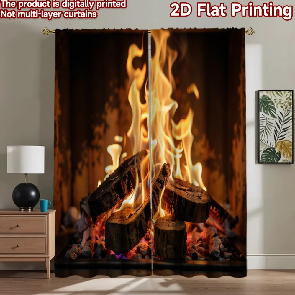 2D flat 2pcs Curtain Vintage drapes and curtains Burning Fireplace Logs Digitally printed polyester Festive Curtains for New