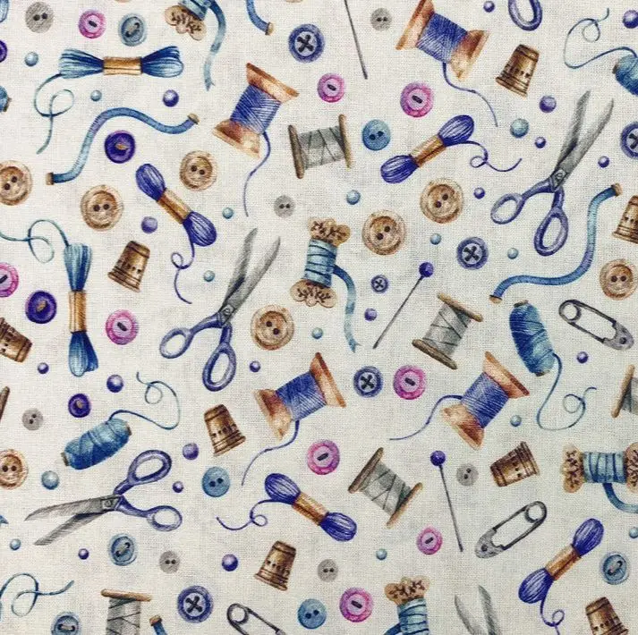 Tailor button scissors needle pattern Cotton Fabric Sewing Quilting Patchwork Needlework Handmade DIY Skirt clothing Decoration