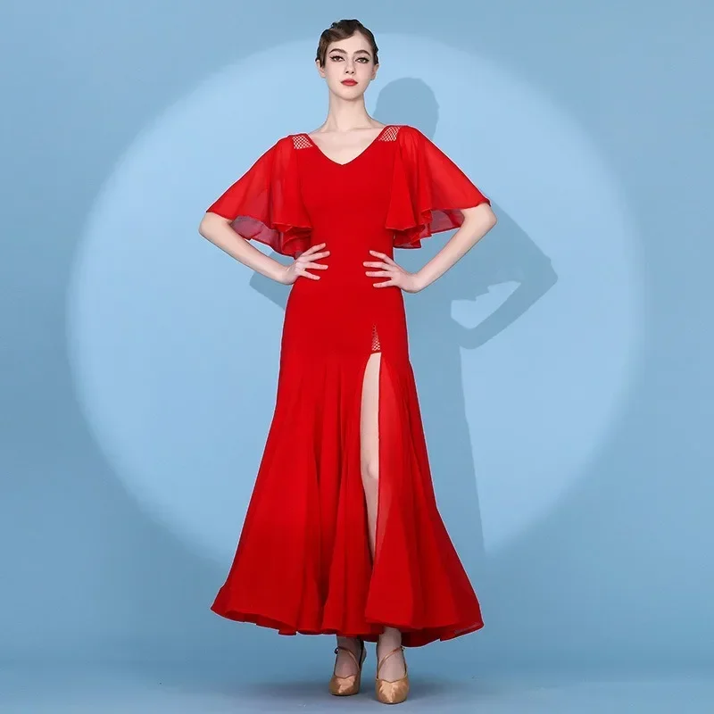 

Costumes Adult Flying sleeve design slit modern dance dress 2126 chiffon ballroom dance dress for woman waltz practice