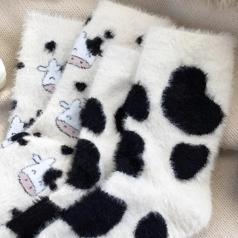 2pairs Warm Coral Velvet Socks Cute Milk Cow Print Cream Coral Fleece Winter Plush Fleece Thicken Women Floor Middle Tube Sock