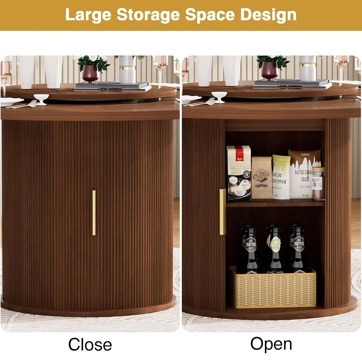 55" Round Dining Table for 6, Modern Kitchen & Dining Room Table with Rotating Lazy Susan, Fluted Pedestal Base with Hidden Stor