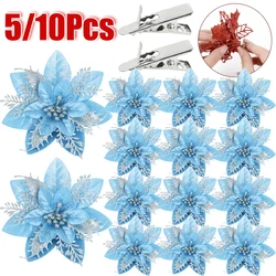 5/10pcs 14cm Glitter Pink Christmas Flowers Xmas Tree Decoration Happy New Year Ornaments Merry Christmas Decor For Home Navidad