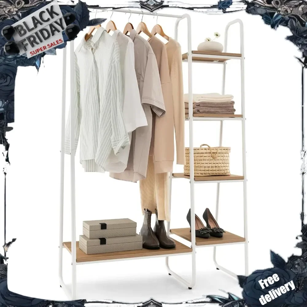 

Garment Rack with Shelves, Clothes Rack with 5 Shelves & Hanging Bar, Open Wardrobe for Hanging Clothes and Storage