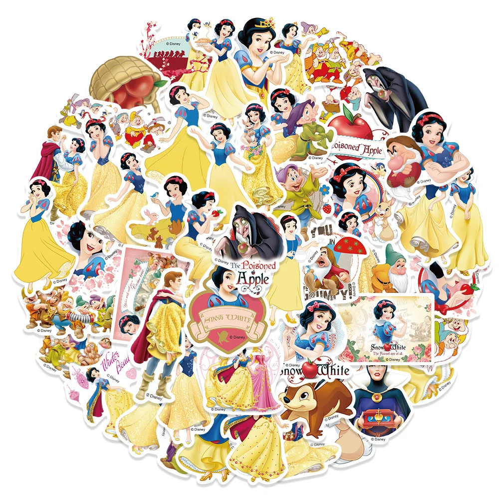 50PCS การ์ตูนดิสนีย์สโนว์ไวท์สติกเกอร์ภาพยนตร์อะนิเมะ Decal สเก็ตบอร์ดกีตาร์แล็ปท็อปหนังสือ Kawaii สติกเกอร์แพ็คเด็กผู้หญิงของเล่น