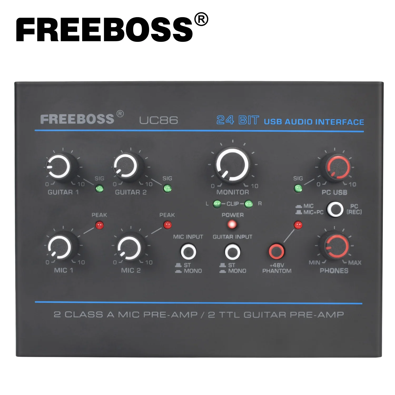 Freeboss Recording Sound Card 48KHz Direct Monitor 2 XLR Mic Input Stereo PC 48V Guitar External Audio Interface For Mac OS UC86