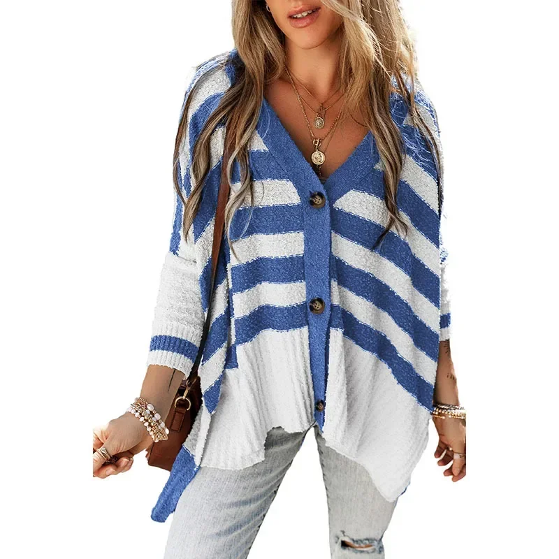 

Autumn Winter Striped Spliced V-neck Knit Cardigan Women Casual Color Contrast Shoulder Cardigans Sweater