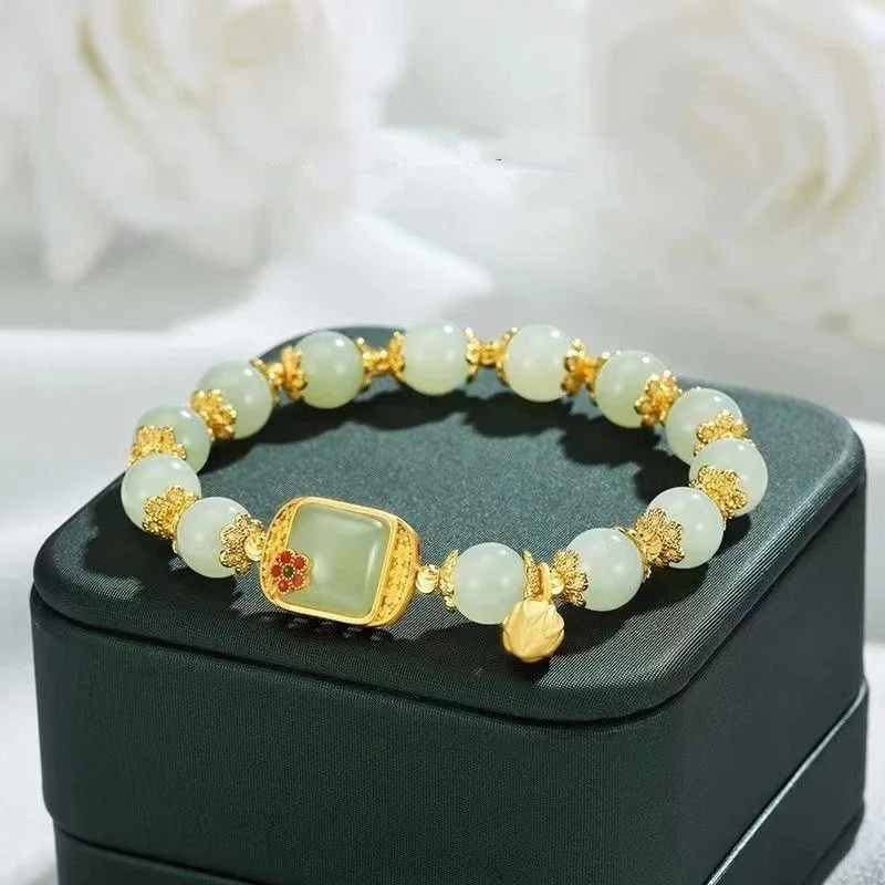 Natural Hetian Jade Bracelet Square Sugar Lotus Bracelet Exquisite Elegant Retro Chinese Style Sexy Young Girls Fashion Jewelry