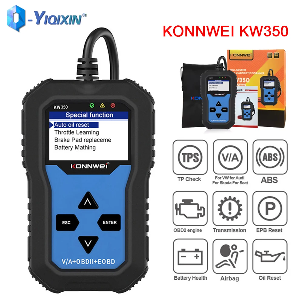 

Диагностический сканер KONNWEI KW350 OBD для автомобилей SEAT с функцией сброса EPB, ABS, подушек безопасности, обслуживания масляного фильтра, профессиональный считыватель кодов неисправностей.