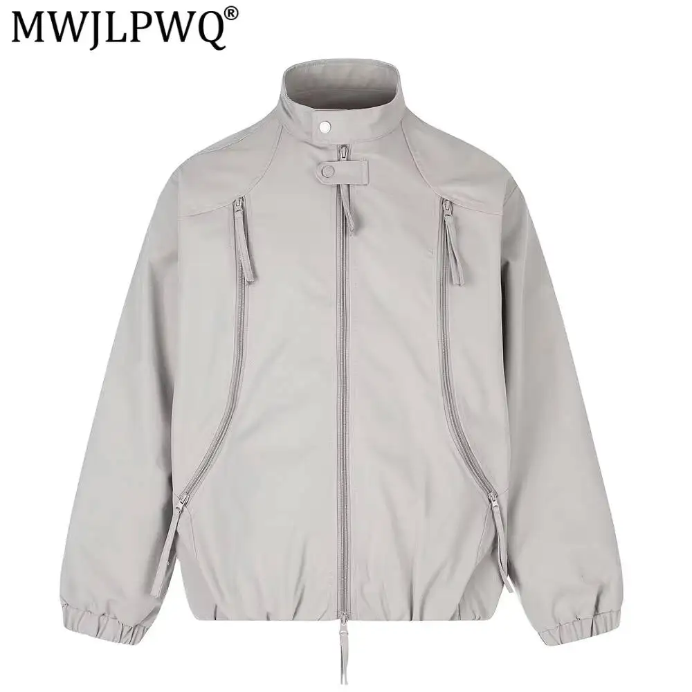 MWJLPWQ Trendy Punk Loose Stand-Up Collar Jacket For Men Spring Autumn Multi-Zipper Design High Collar Solid Color Tops 17346