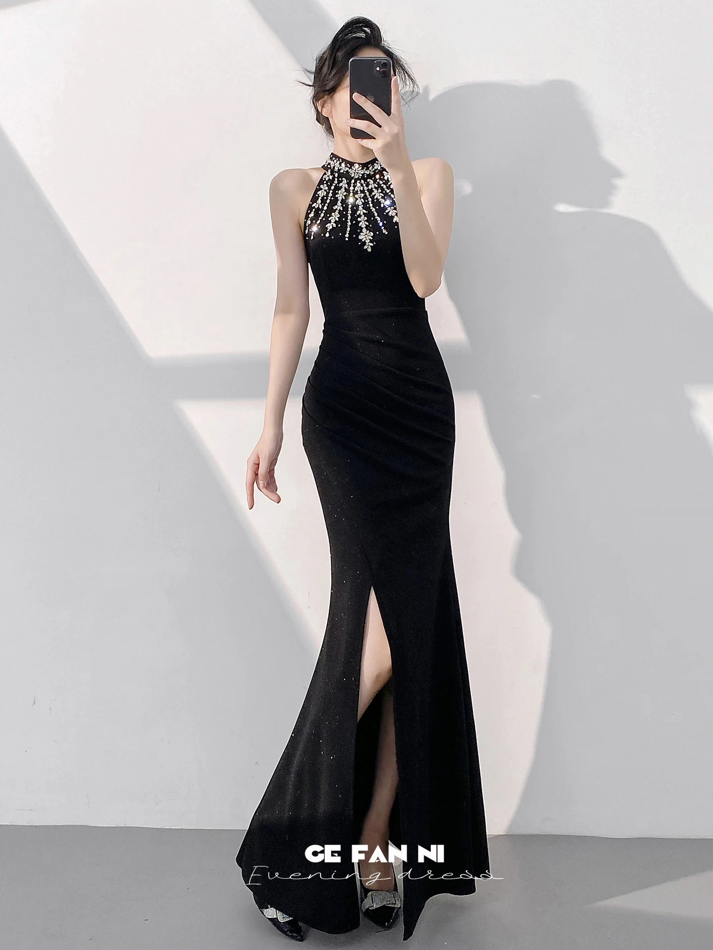 

Элегантное черное вечернее платье-русалка с открытыми плечами для женщин, высококачественное платье для ведущей на банкет, вечеринку, выступление