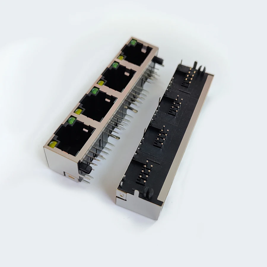 10PCS/Lot RJ45  8P8C 4 Ports Steel Shield Network Female Jack/Socket Connector  1*4P 90 Degree with LED