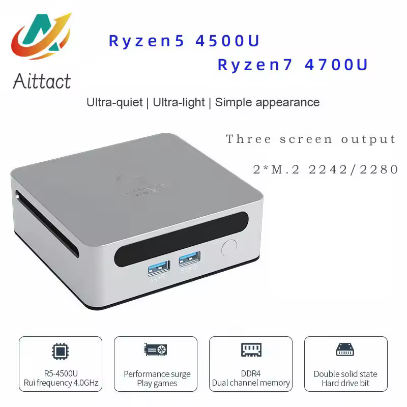 AITTACT New Mini PC AMD Ryzen5 4500U Ryzen7 4700U CPU 2.0GHz Up to 4.1GHz Windows 10/11 DDR4 Suporte 64GB RAM WiFi6 NUC