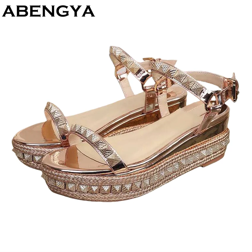 

Summer Rivet Studded Platform Sandals Women Wedge Heel Leather Party Shoes For Woman Runway Ankle Strap Women's Sandals