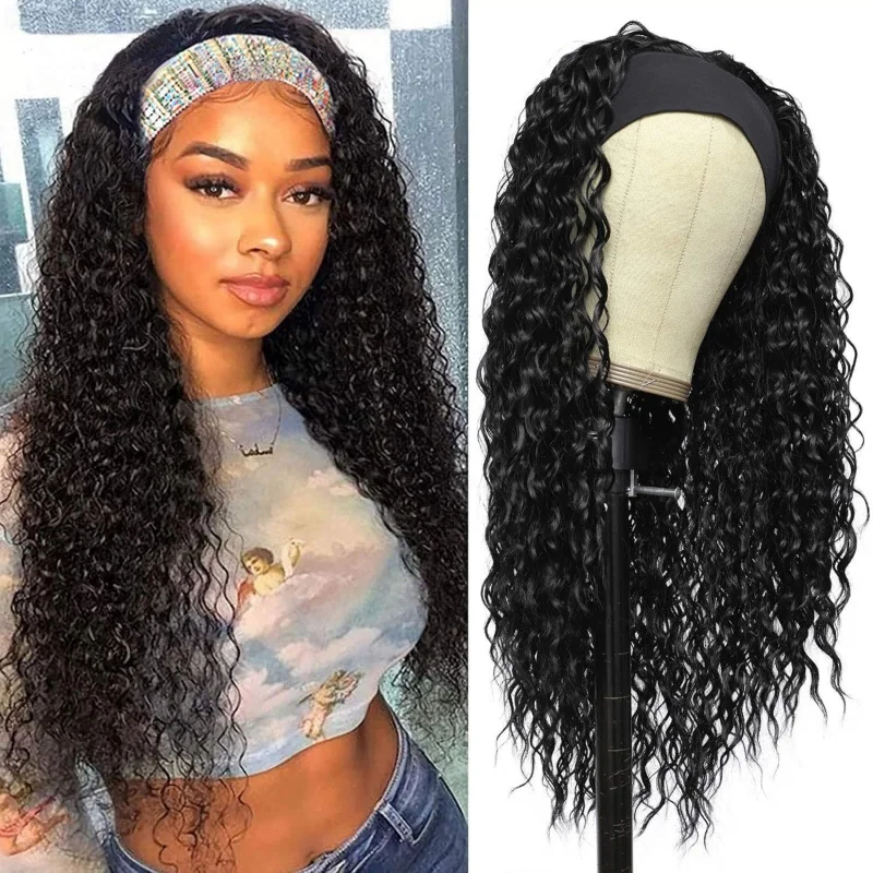 Headscarf Women's African Fashion Hand-Wrapped Small Curls Ice Silk Ribbon Long Curly Synthetic Hair Wig