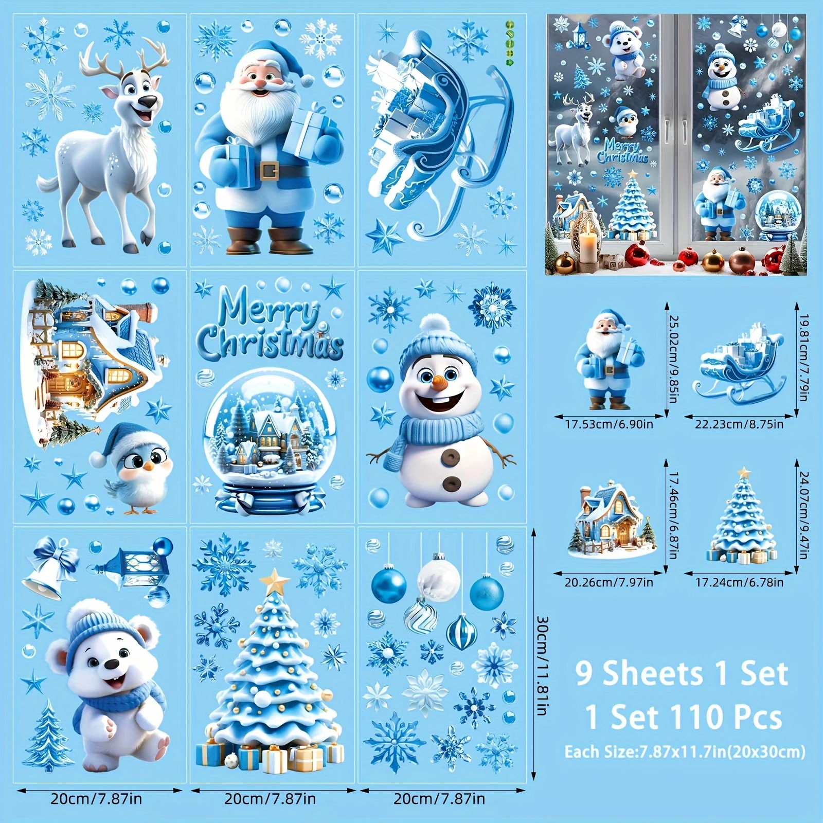 9 Sheets  Christmas Window Stickers Decor, Christmas Static Sticker for Party Accessory Home Party
