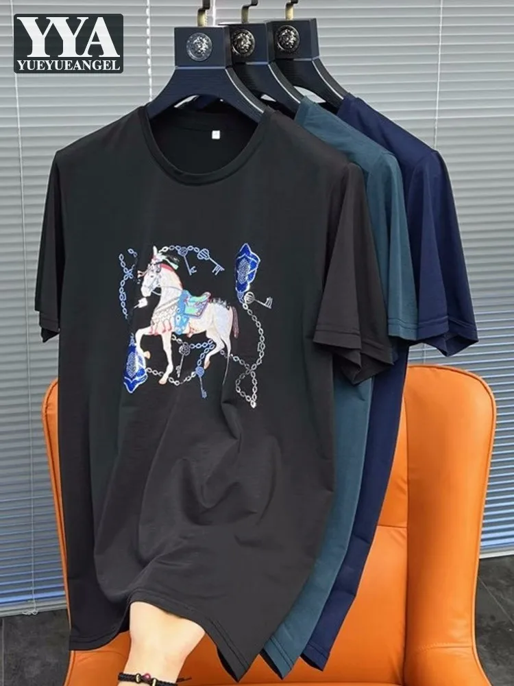 

Summer Men Breathable Casual T-Shirt O Neck Short Sleeve Shiny Sequined Horse Tees Tops Streetwear Comfortable Pullover T-Shirts