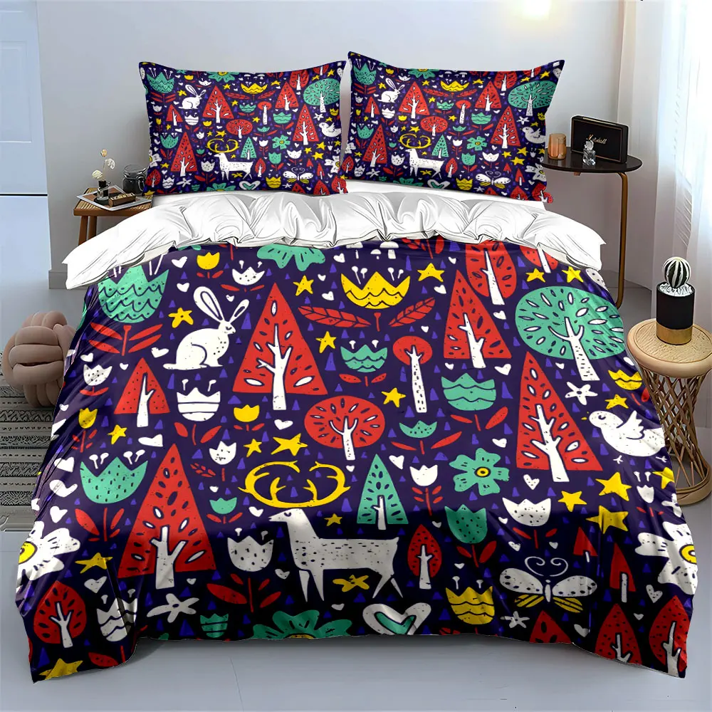Animals, trees, flowers, stars. Print Bedding Set 1 Duvet Cover 2 Pillowcases for Adult and Children Luxury Gift Full Size