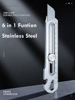Cuchillo multiherramienta de bolsillo multifuncional de acero inoxidable, 6 en 1, cortador de Unboxing, papelería de oficina