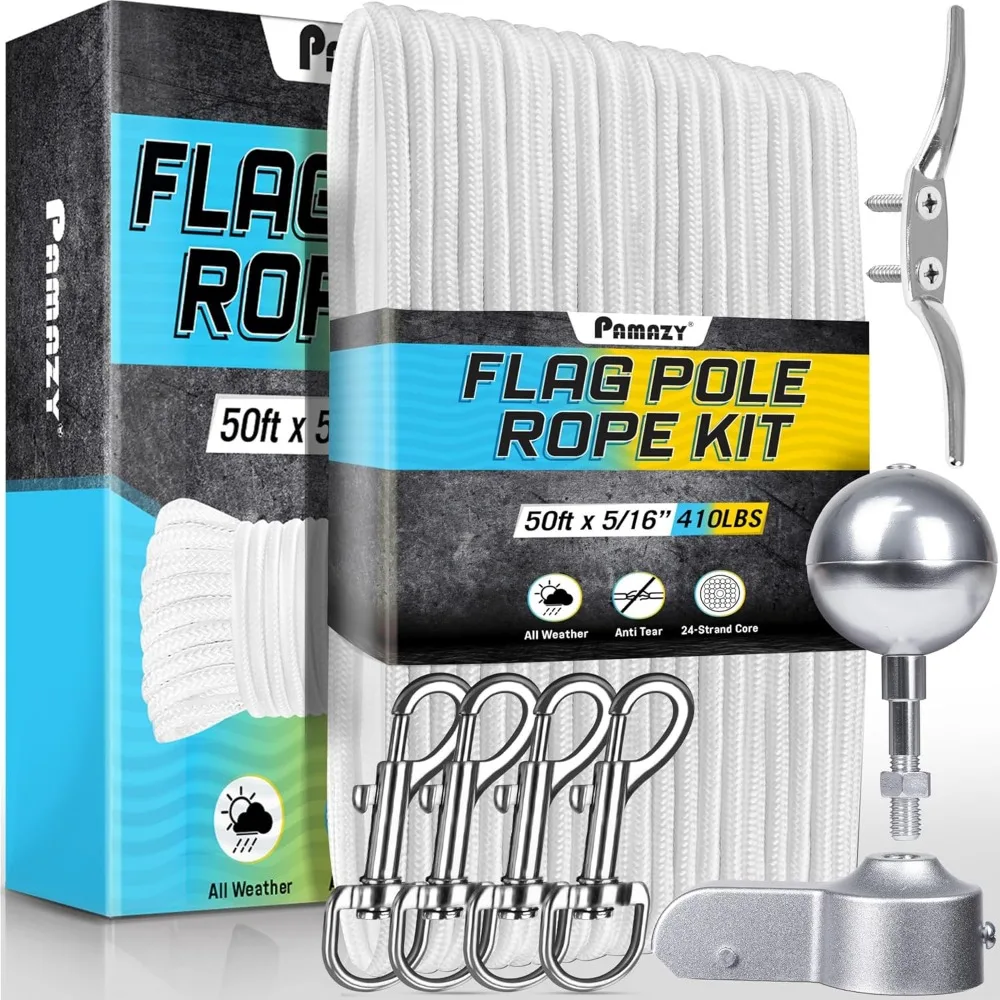 [actualizado] kit de cuerda para mástil de bandera de 5/16 "y 50 pies con 4 mosquetones giratorios de 3,3", camión de bolas, tacos, mástil de bandera con rodamiento de alto peso halyar
