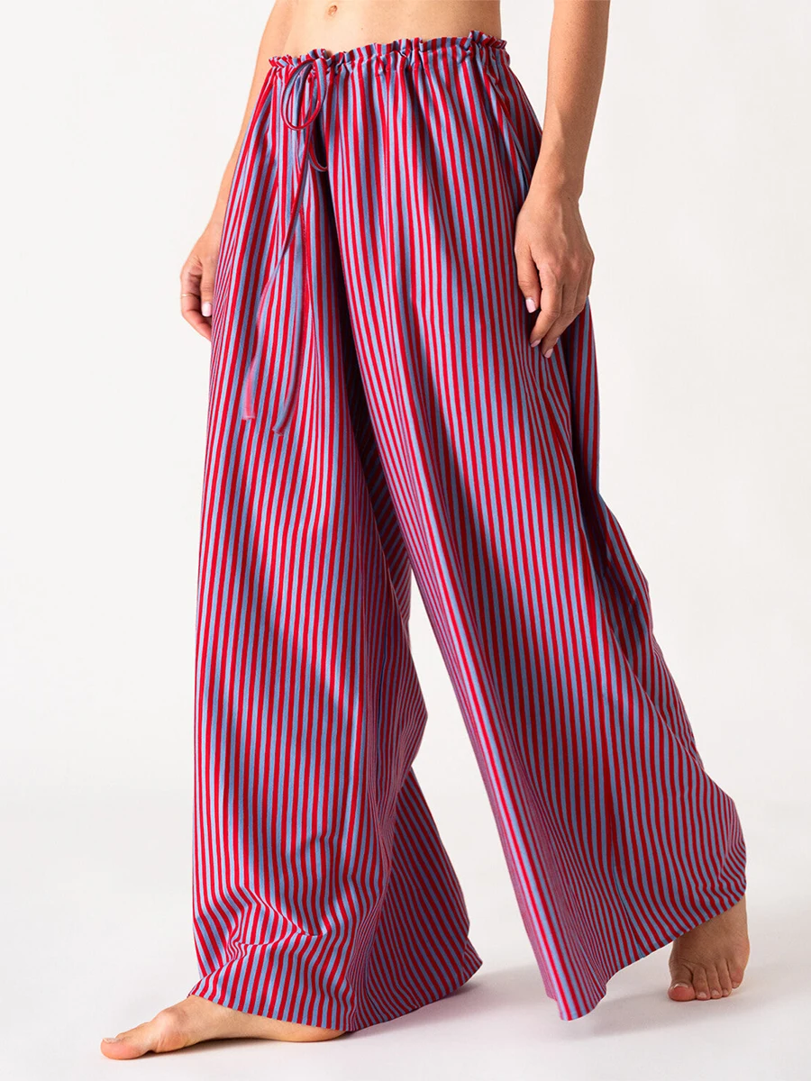 Women's Fashion Spring Summer Baggy Pants Solid Color/Striped Elastic Wiast Drawstring Loose Wide Leg Trousers