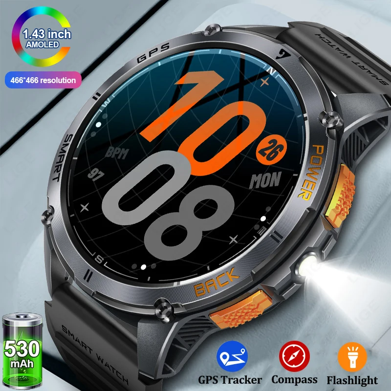 

LIGE GPS Smart Watch Men 530mah Large Battery Outdoor Watches Flashlight Compass 1.43'' AMOLED Screen Sports Man Smartwatch 2025