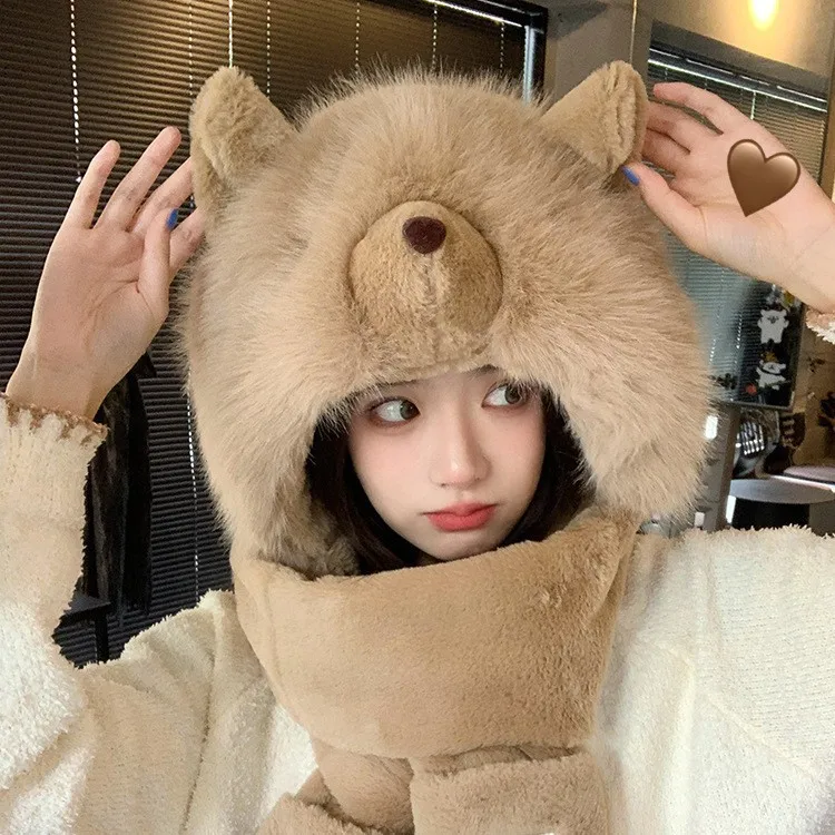 Bear Hat Scarf Gloves Set Winter Warm Fleece Women's Cycling Neck Warmer Three-Piece Suit Hat with Hood Scarf And Gloves H2