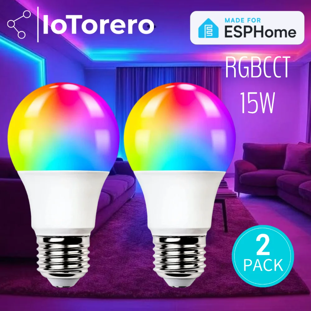 IoTorero Made For ESPHome 2 PACK 15W RGBCCT LED Bulb Works With Home Assistant