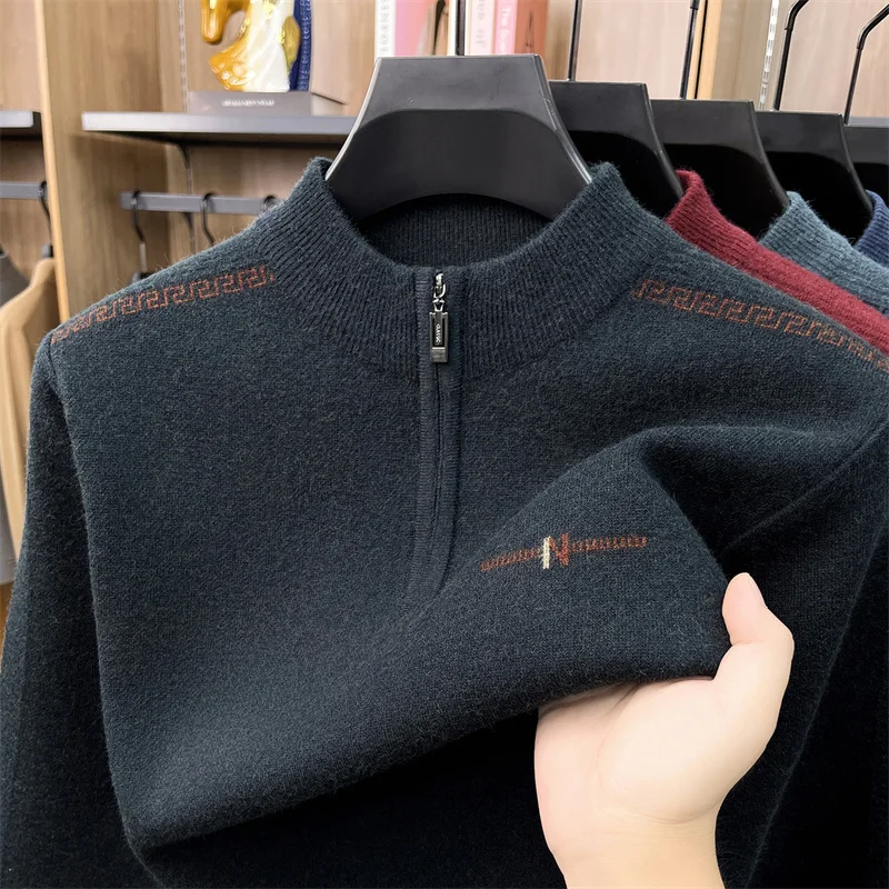 Winter Sweater for Men, Thick and Warm, Dad Outfit, Half High Neck Zipper Knit Sweater, Base Sweater