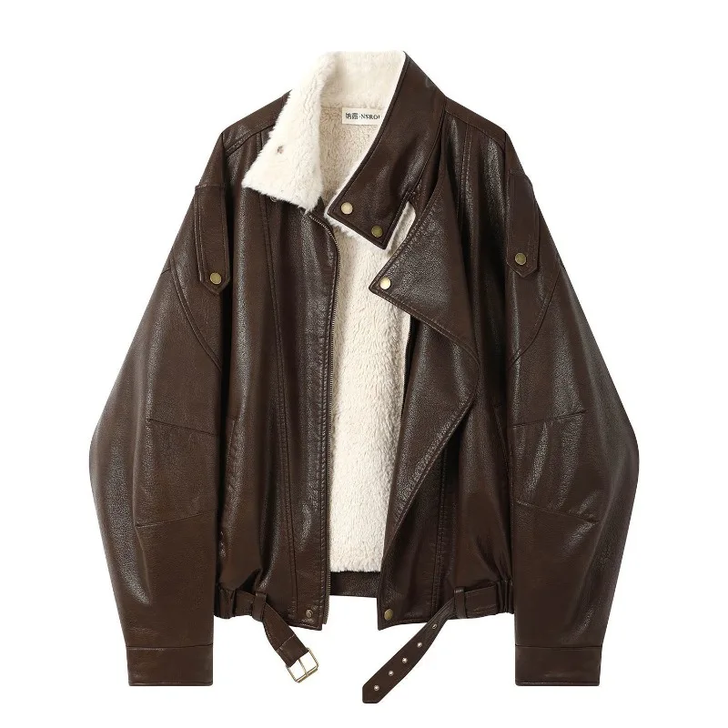Retro Maillard Fleece Stand-up Collar Short Black Leather Winter American Motorcycle Lambskin Jacket Fashion Warm Women Clothing