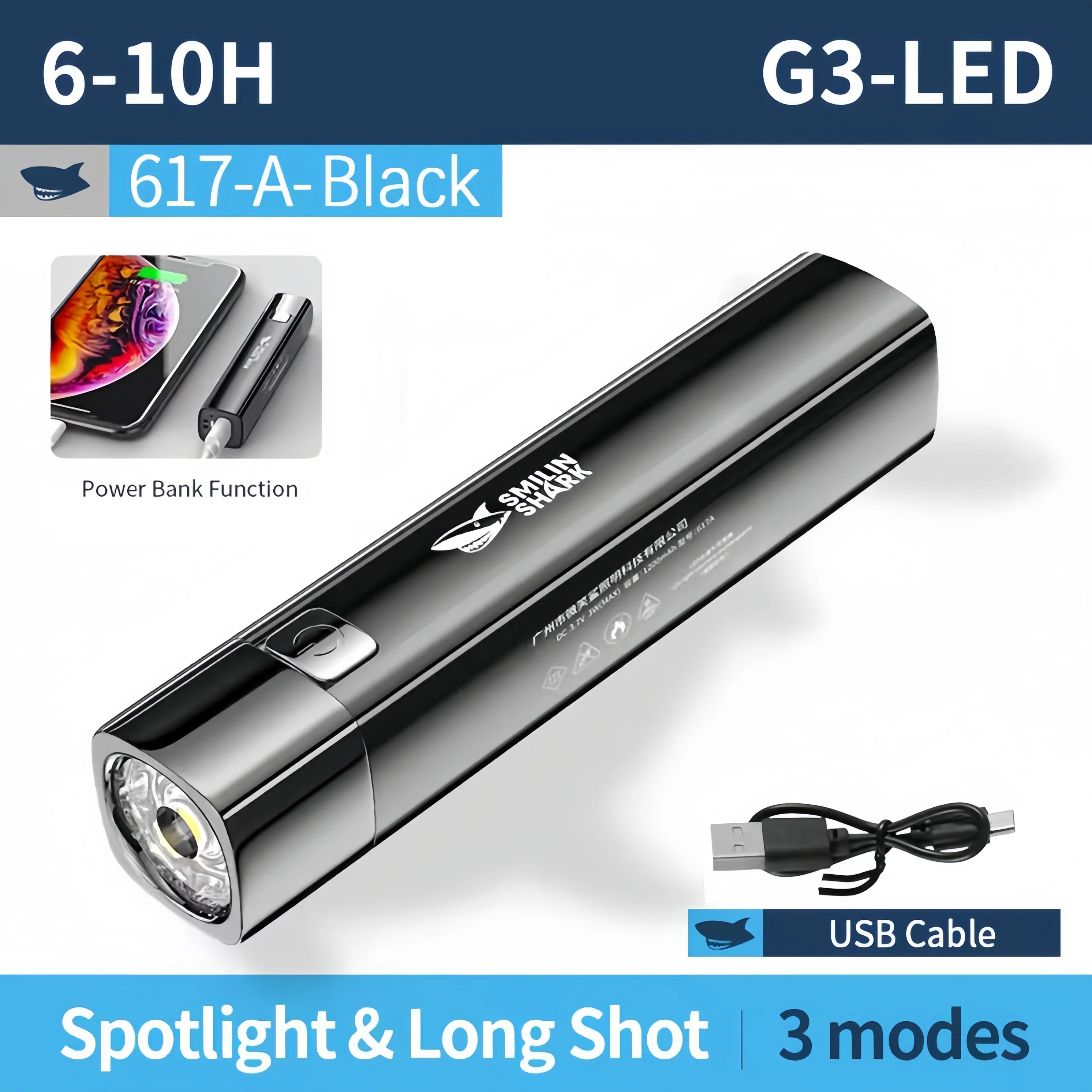 Smiling Shark Portable Handheld Flat Flashlight, 3 Modes Rechargeable Compact Pocket Flash Light with Power Bank Function