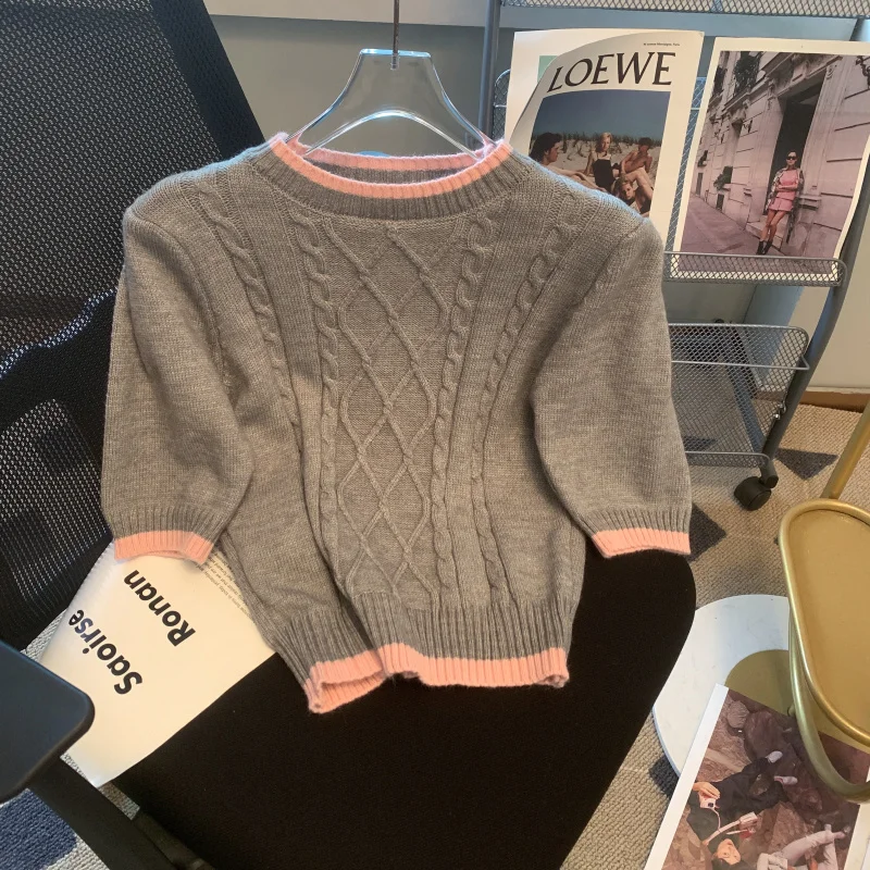 Fried Dough Twist Knitted Short Sweater Tees Women Pullover Tops Short Sleeve Round Neck Fashion Chic Female Knitwear Clothes