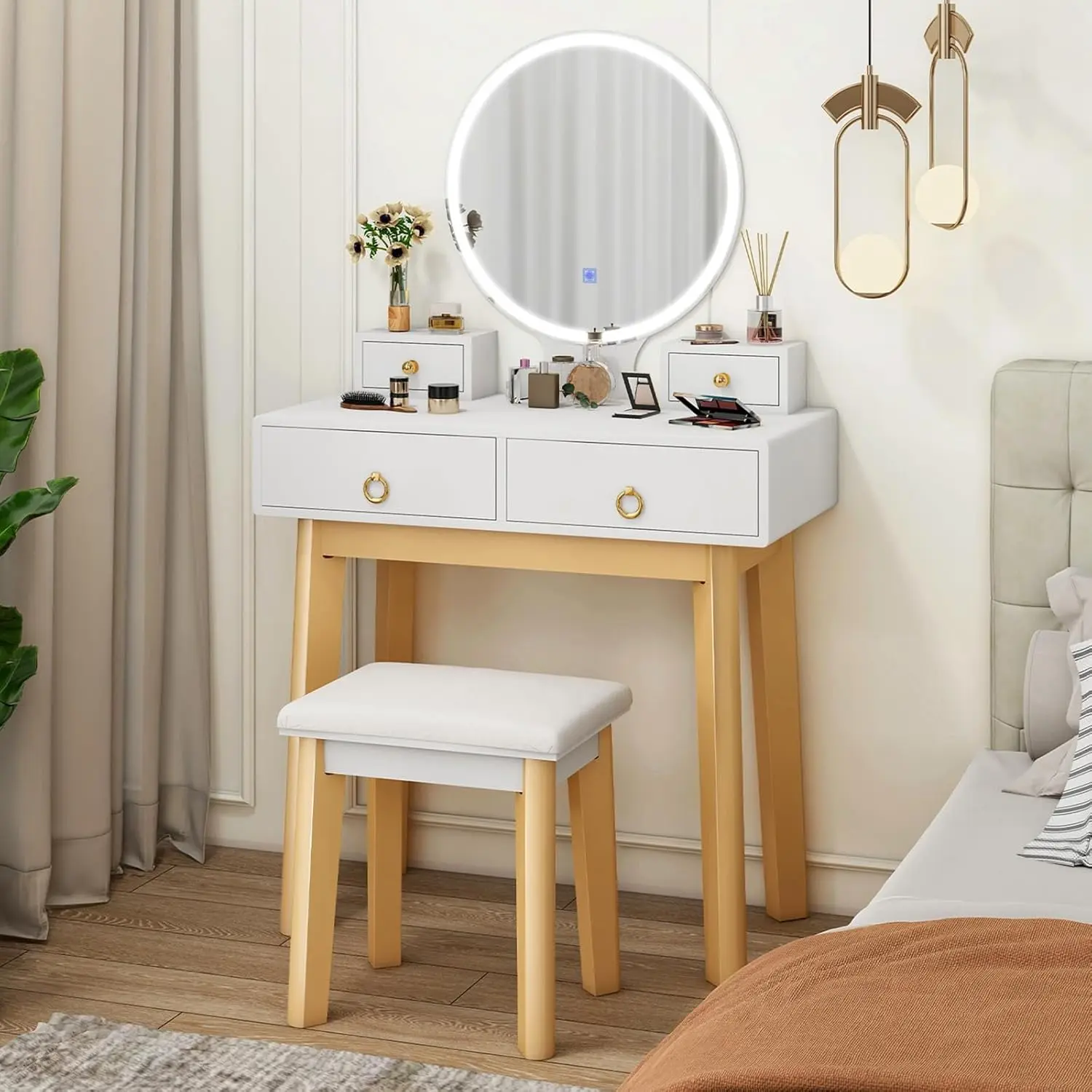 2025 Vanity Desk with Mirror and Lights, White Makeup Vanity Desk with 4 Drawers, 3 Color Lighting Modes, Adjustable Brightness