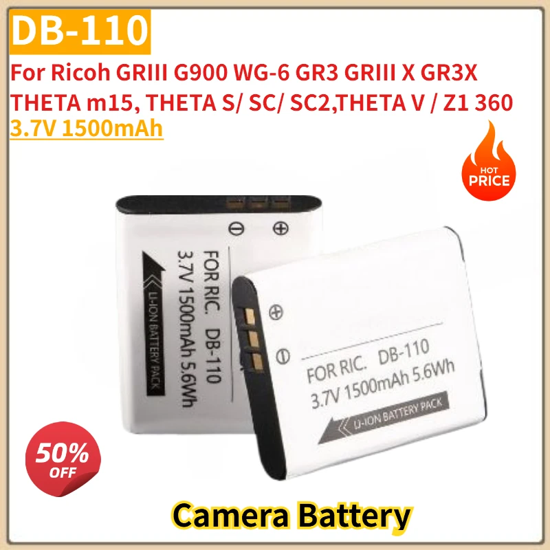 3.7V 1500mAh DB-110 Battery For Ricoh GRⅢ G900 WG-6 GR3 GRⅢ X GR3X THETA S/ SC/ SC2,THETA m15,THETA V / Z1 360 Spherical Camera