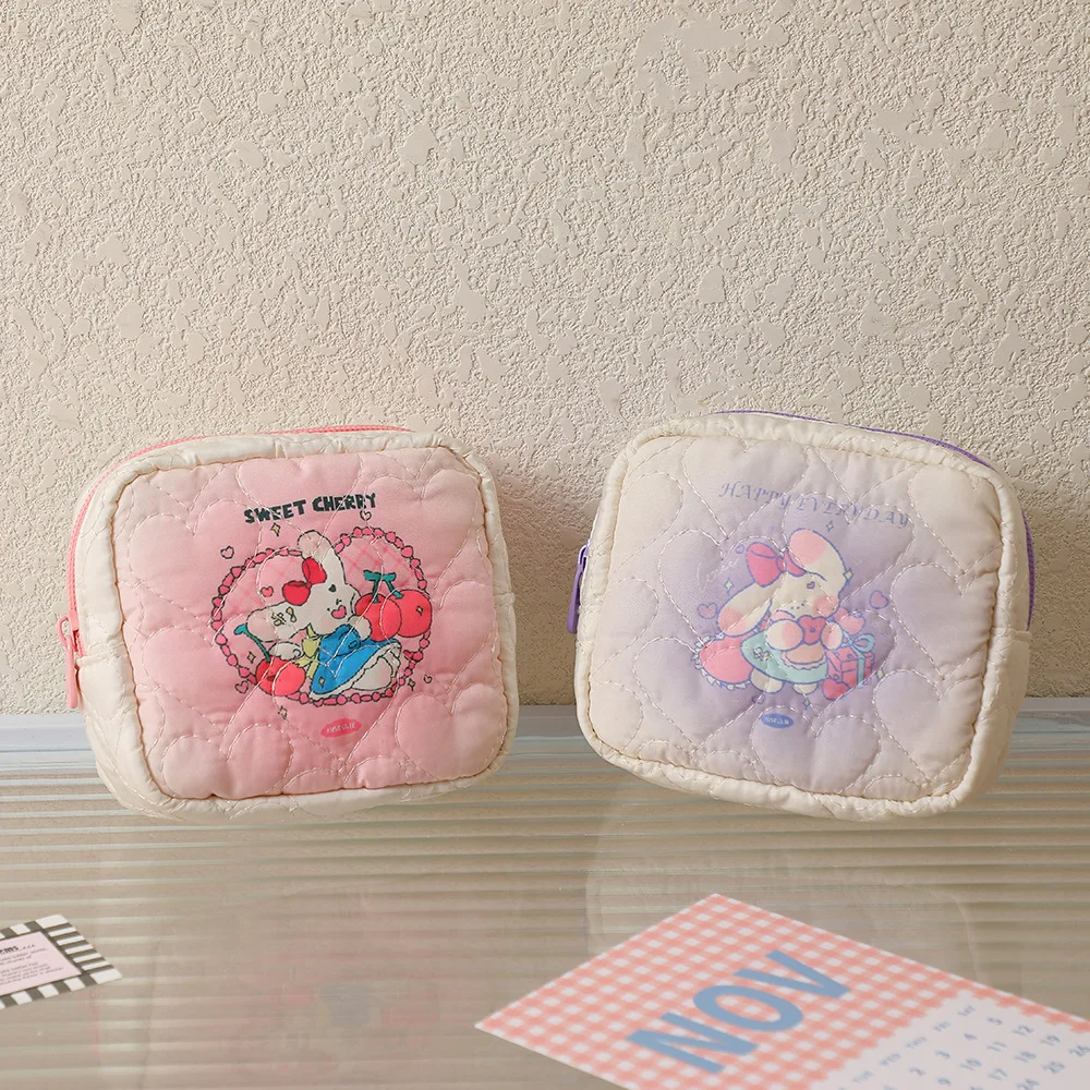 Korean Square Small Makeup Bag Student Small Earphones Zero Wallet Girl Cute Rabbit Portable Lipstick Storage Bags