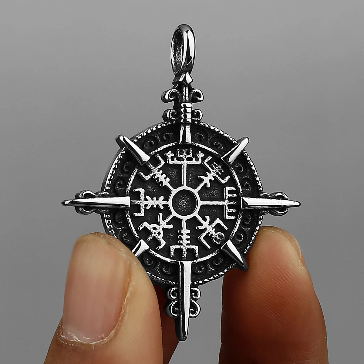 Viking Compass Runes Stainless Steel Pendant Necklace Scandinavian Men's Biker Amulet Necklace Jewelry Gift for Boyfriend